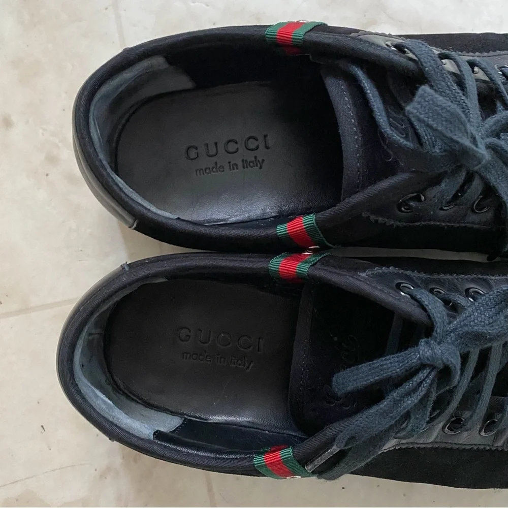 $985 Gucci Made in Italy Black Leather Suede Low Top Men's Sneakers Size 9G